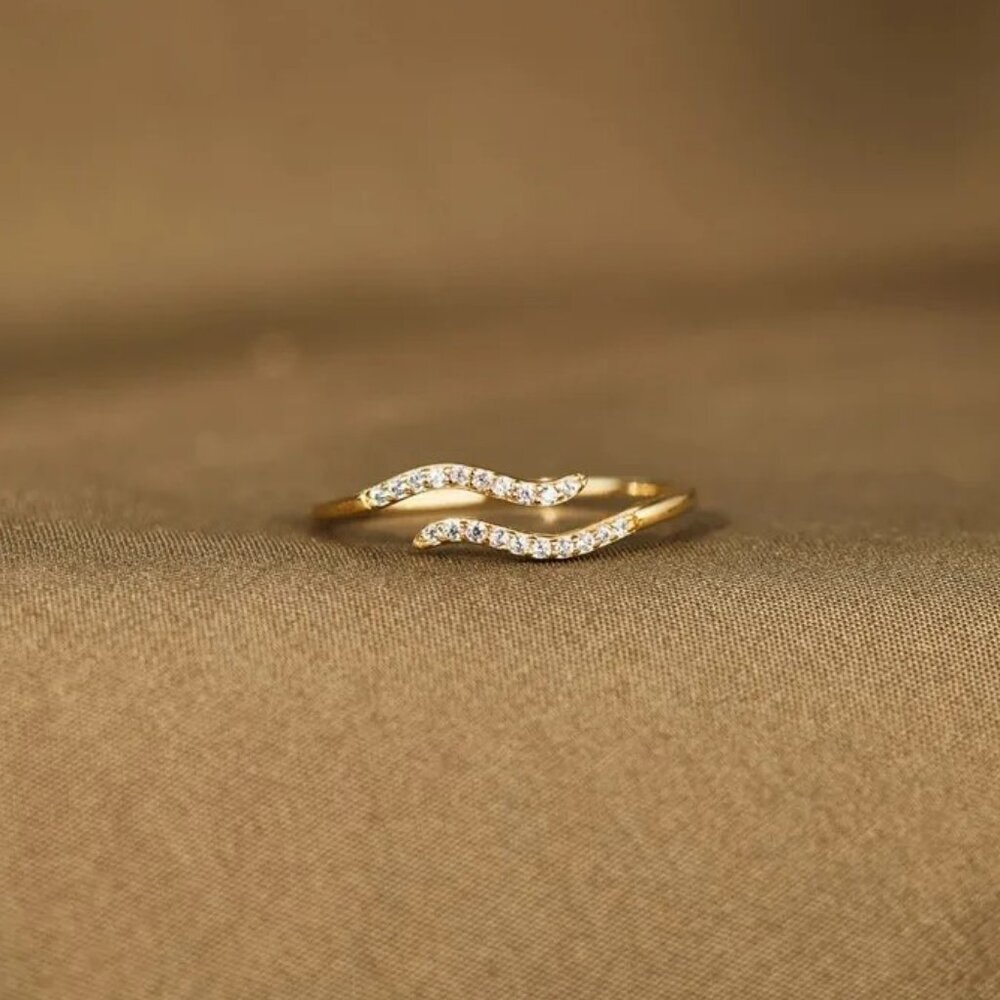 18K Gold Plated Sterling Silver Wave Ring | Zircon Band | Minimal Gold Ring